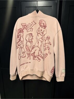 Amazon Pink Crewneck Sweater with Burgundy Graphic Artwork